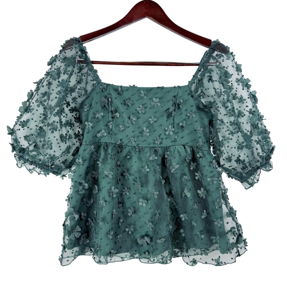 Thirty/Thirty L/A Blouse Womens L Green 3D Floral Puff Sleeve Cottagecore Fairy
